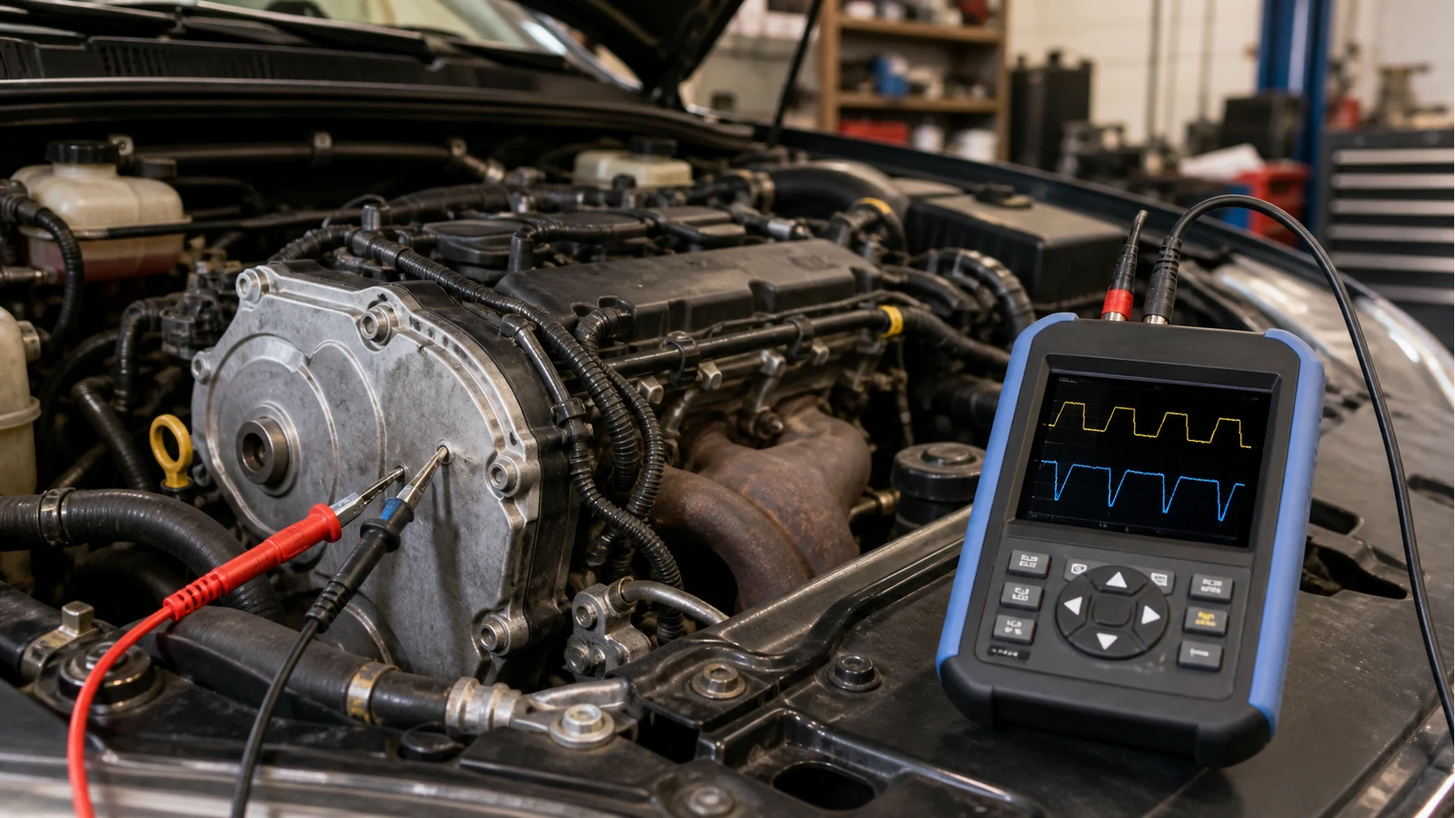 Dual-channel handheld scope meter comparing cam and crank sensor waveforms in a UK garage
