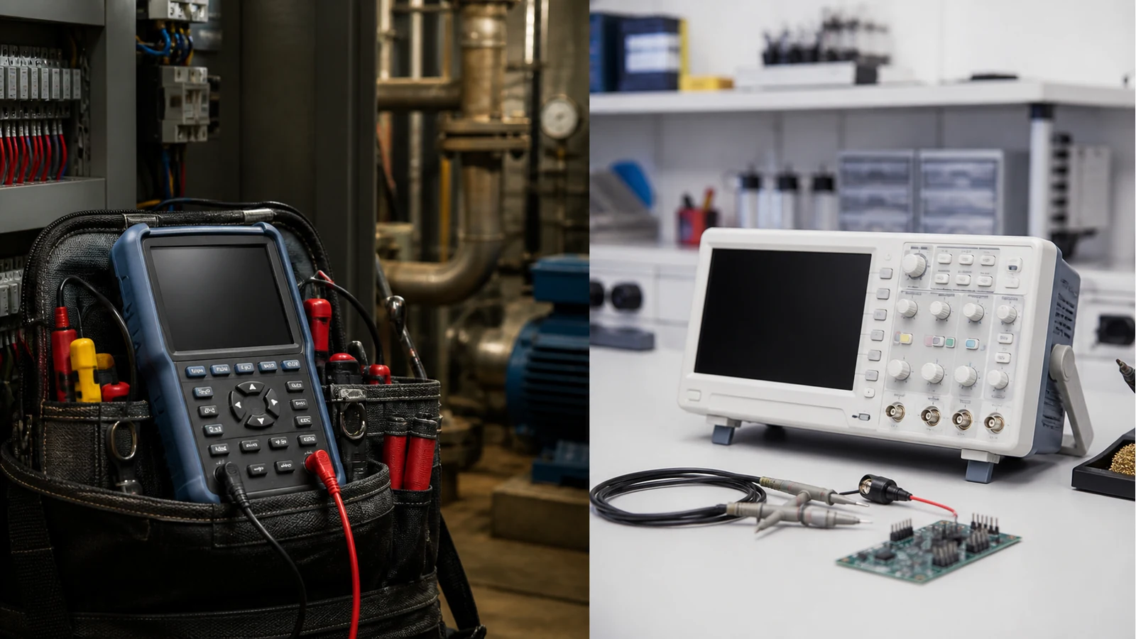 Handheld portable oscilloscope in a UK plant-room tool bag beside a benchtop lab oscilloscope