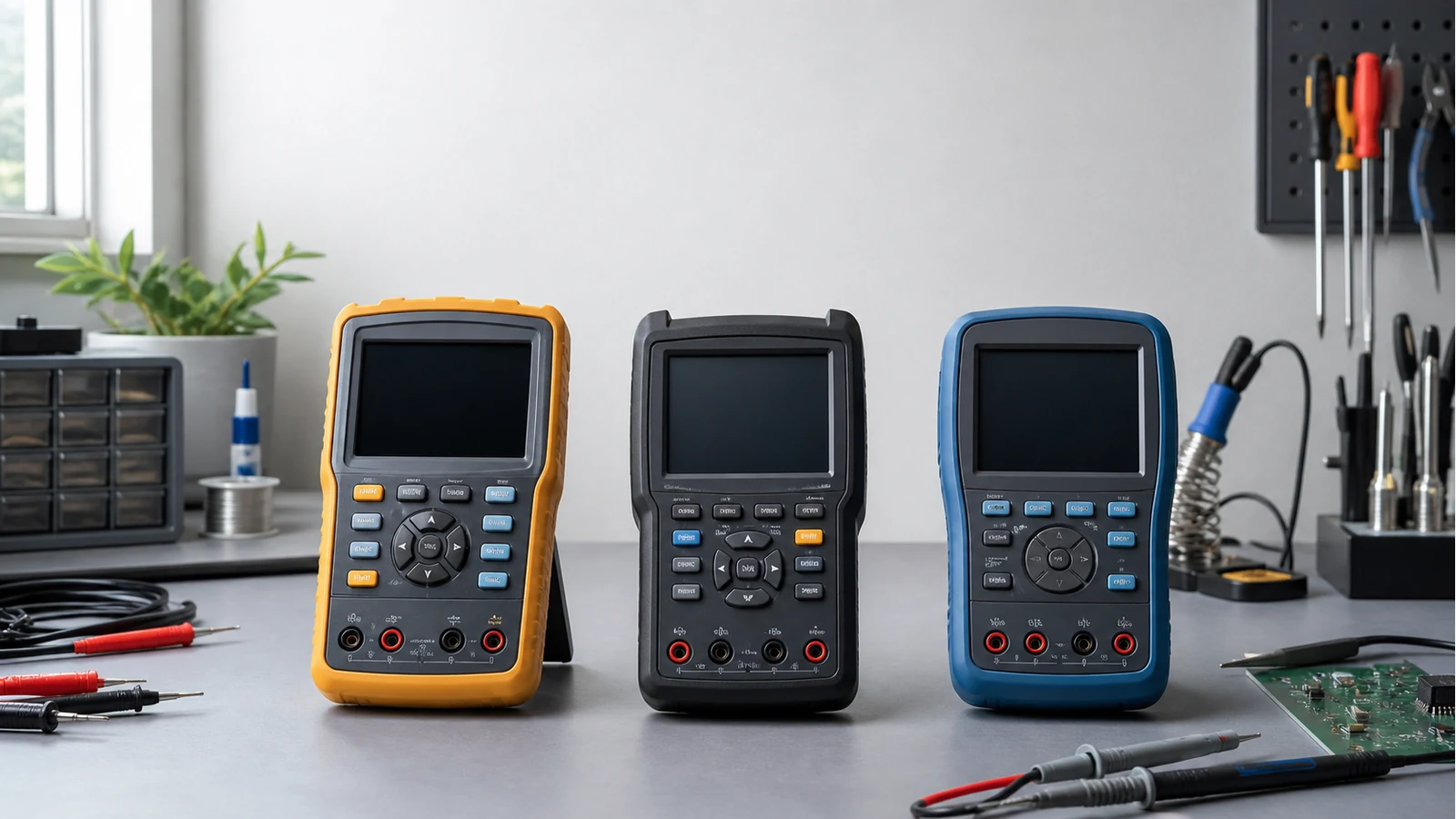 Three portable oscilloscope multimeters arranged for a UK buyer comparison