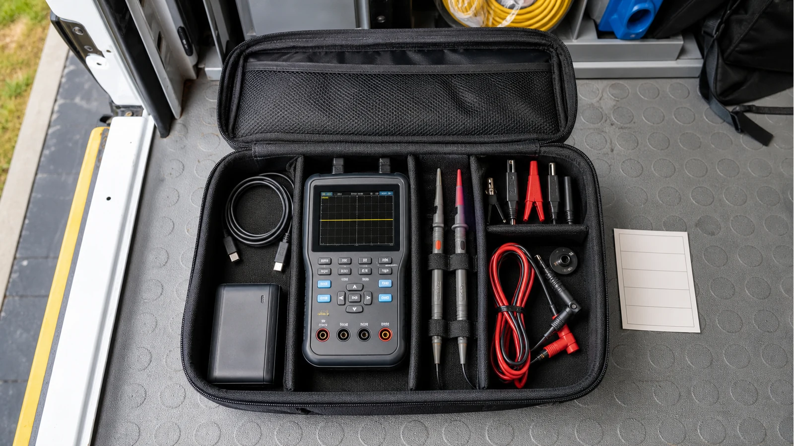 USB-C handheld oscilloscope multimeter packed in a UK field technician kit
